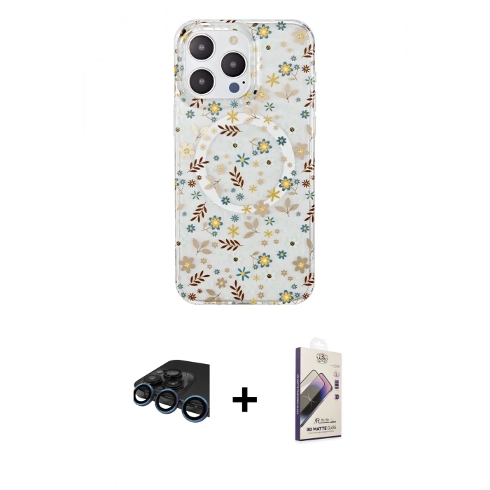 MARSİLYAN™- iPhone 15 Pro Kılıf Pusula Form - Siyah Bilvis 3D Mat Cam Ekran Koruyucu + Raze Metal Kamera Lens - LT