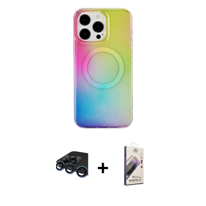 MARSİLYAN™- iPhone 15 Pro Kılıf Pusula Form - Siyah Bilvis 3D Mat Cam Ekran Koruyucu + Raze Metal Kamera Lens - LT