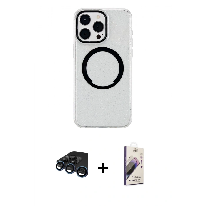 MARSİLYAN™- iPhone 15 Pro Kılıf Pusula Form - Siyah Bilvis 3D Mat Cam Ekran Koruyucu + Raze Metal Kamera Lens - LT