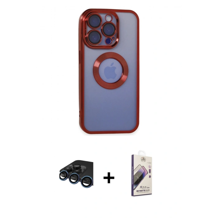 MARSİLYAN™- iPhone 15 Pro Kılıf Pusula Form - Siyah Bilvis 3D Mat Cam Ekran Koruyucu + Raze Metal Kamera Lens - LT