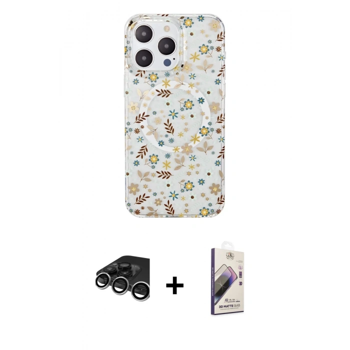 MARSİLYAN™- iPhone 15 Pro Kılıf Pusula Form - Siyah Bilvis 3D Mat Cam Ekran Koruyucu + Raze Metal Kamera Lens - GS