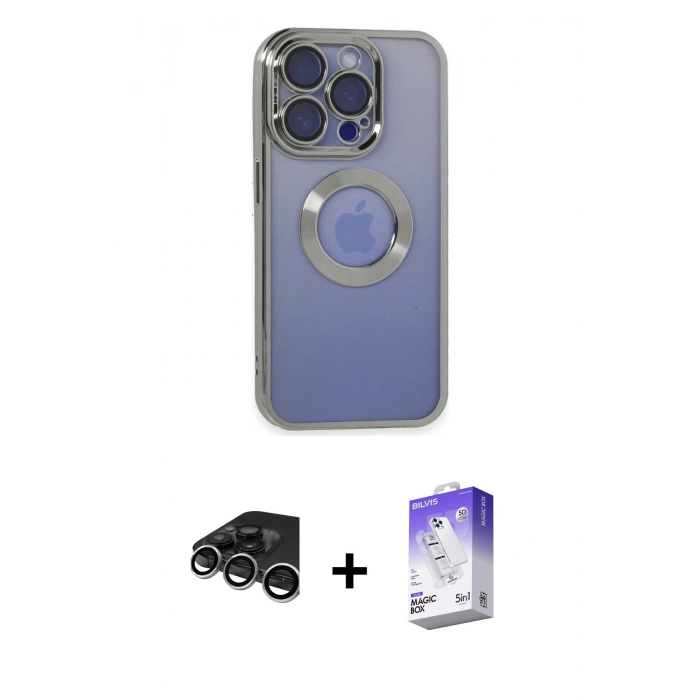 MARSİLYAN™- iPhone 15 Pro Kılıf Pusula Form - Siyah Bilvis 5in1 3D Magic Cam Ekran Koruyucu + Gümüş Raze Metal Kamera Lens