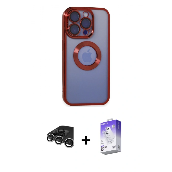 MARSİLYAN™- iPhone 15 Pro Kılıf Pusula Form - Siyah Bilvis 5in1 3D Magic Cam Ekran Koruyucu + Gümüş Raze Metal Kamera Lens