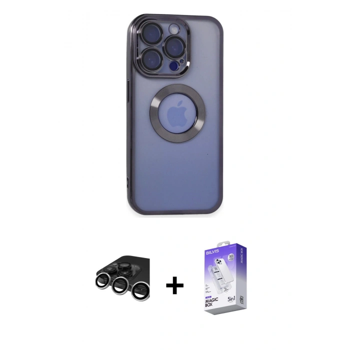MARSİLYAN™- iPhone 15 Pro Kılıf Pusula Form - Siyah Bilvis 5in1 3D Magic Cam Ekran Koruyucu + Gümüş Raze Metal Kamera Lens