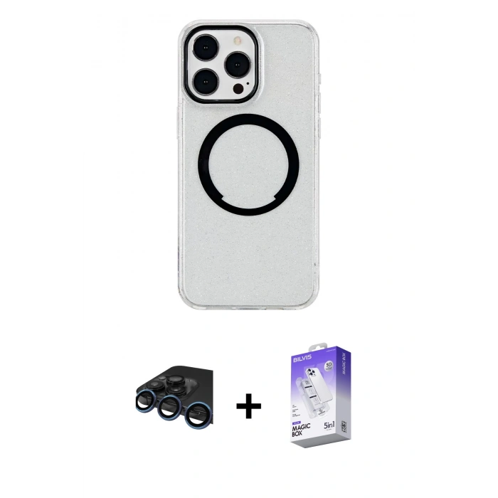 MARSİLYAN™- iPhone 15 Pro Kılıf Pusula Form - Siyah Bilvis 5in1 3D Magic Cam Ekran Koruyucu + Raze Metal Kamera Lens - LT