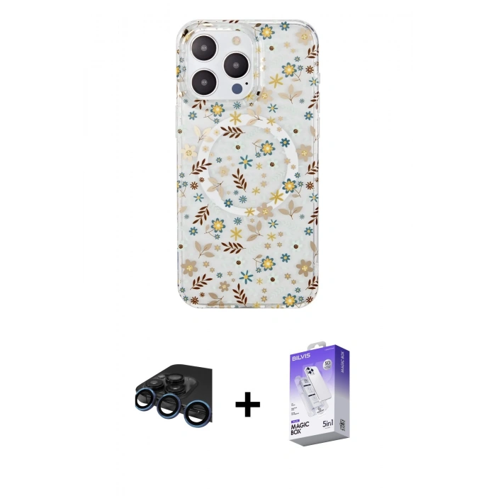 MARSİLYAN™- iPhone 15 Pro Kılıf Pusula Form - Siyah Bilvis 5in1 3D Magic Cam Ekran Koruyucu + Raze Metal Kamera Lens - LT
