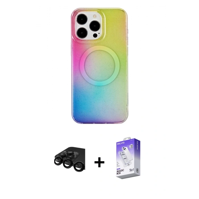 MARSİLYAN™- iPhone 15 Pro Kılıf Pusula Form - Siyah Bilvis 5in1 3D Magic Cam Ekran Koruyucu + Raze Metal Kamera Lens - SH