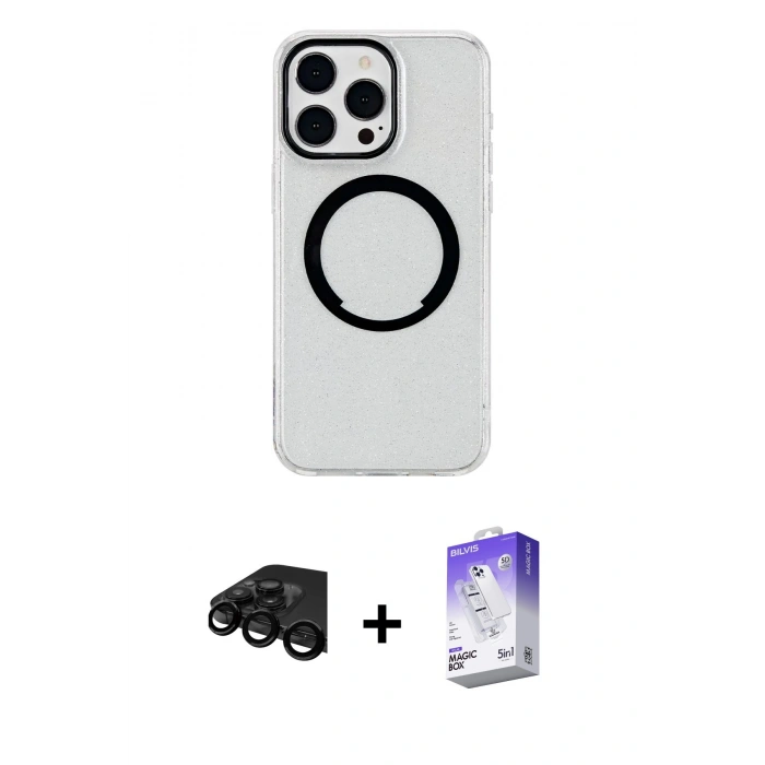 MARSİLYAN™- iPhone 15 Pro Kılıf Pusula Form - Siyah Bilvis 5in1 3D Magic Cam Ekran Koruyucu + Raze Metal Kamera Lens - SH