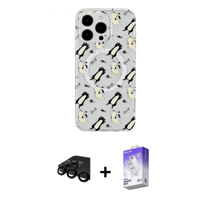 MARSİLYAN™- iPhone 15 Pro Kılıf Pusula Form - Siyah Bilvis 5in1 3D Magic Cam Ekran Koruyucu + Raze Metal Kamera Lens - SH