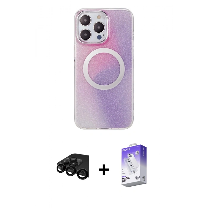 MARSİLYAN™- iPhone 15 Pro Kılıf Pusula Form - Siyah Bilvis 5in1 3D Magic Cam Ekran Koruyucu + Raze Metal Kamera Lens - SH