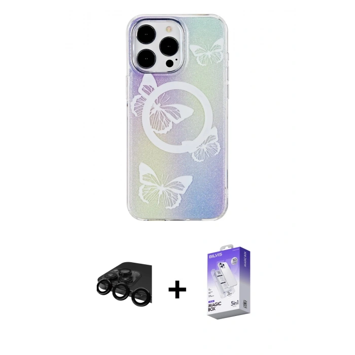 MARSİLYAN™- iPhone 15 Pro Kılıf Pusula Form - Siyah Bilvis 5in1 3D Magic Cam Ekran Koruyucu + Raze Metal Kamera Lens - SH