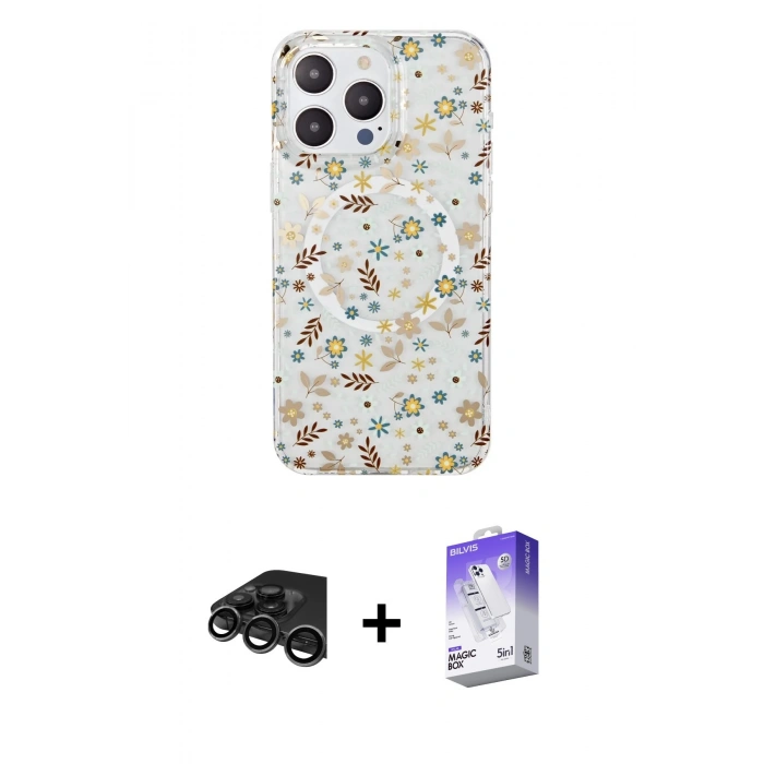 MARSİLYAN™- iPhone 15 Pro Kılıf Pusula Form - Siyah Bilvis 5in1 3D Magic Cam Ekran Koruyucu + Raze Metal Kamera Lens - TMGI