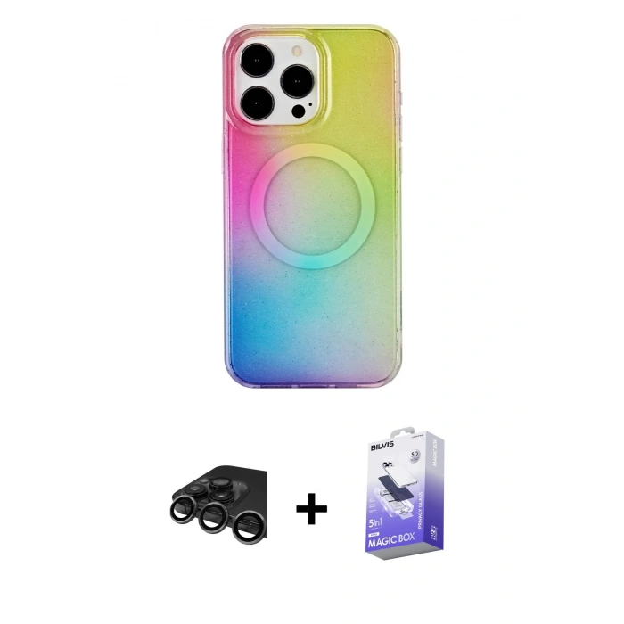 MARSİLYAN™- iPhone 15 Pro Kılıf Pusula Form - Siyah Bilvis 5in1 5D Magic Hayalet Cam Ekran Koruyucu + Raze Metal Kamera Lens - TMGI