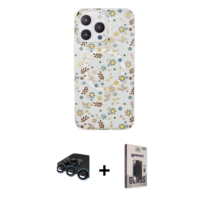 MARSİLYAN™- iPhone 15 Pro Kılıf Pusula Form - Siyah Bilvis Hayalet Cam Ekran Koruyucu + Lacivert Raze Metal Kamera Lens