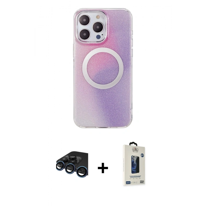 MARSİLYAN™- iPhone 15 Pro Kılıf Pusula Form - Siyah Bilvis Hayalet Cam Ekran Koruyucu + Raze Metal Kamera Lens - LT