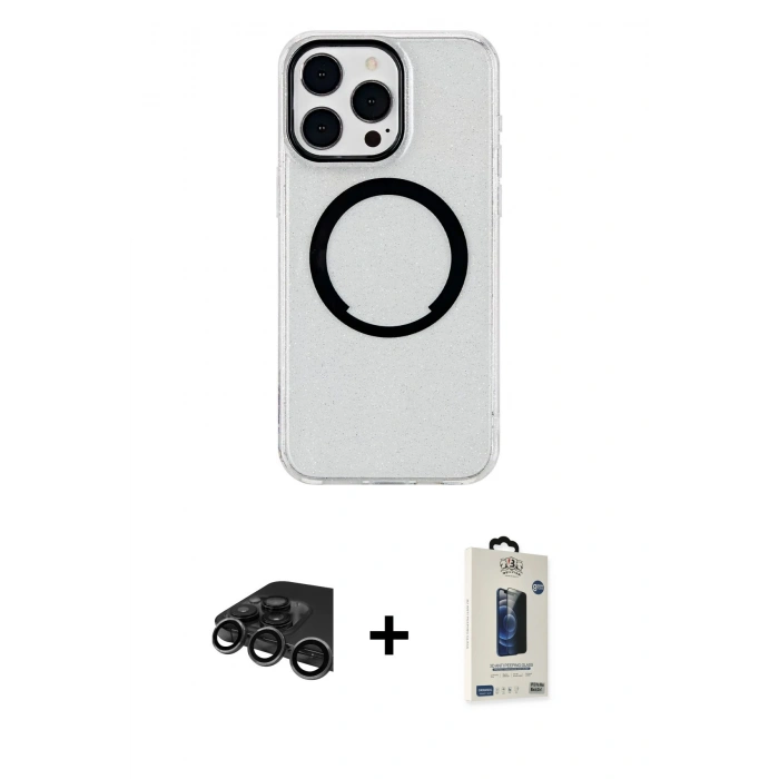 MARSİLYAN™- iPhone 15 Pro Kılıf Pusula Form - Siyah Bilvis Hayalet Cam Ekran Koruyucu + Raze Metal Kamera Lens - TMGI