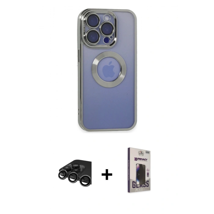 MARSİLYAN™- iPhone 15 Pro Kılıf Pusula Form - Siyah Bilvis Hayalet Cam Ekran Koruyucu + Raze Metal Kamera Lens - TMGI