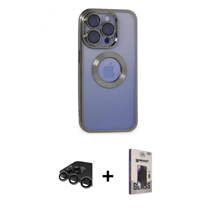 MARSİLYAN™- iPhone 15 Pro Kılıf Pusula Form - Siyah Bilvis Hayalet Cam Ekran Koruyucu + Raze Metal Kamera Lens - TMGI