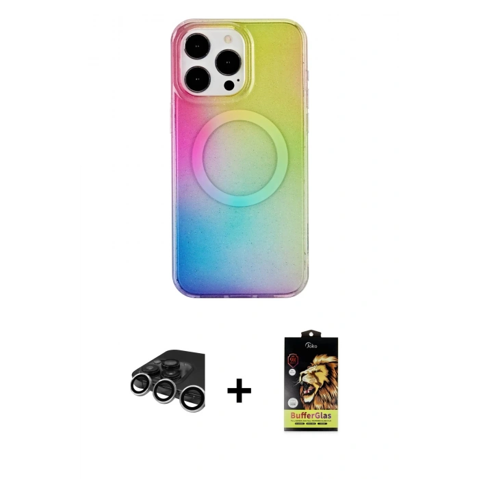 MARSİLYAN™- iPhone 15 Pro Kılıf Pusula Form - Siyah Buffer Cam Ekran Koruyucu + Raze Metal Kamera Lens - GS