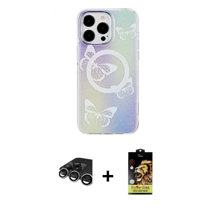 MARSİLYAN™- iPhone 15 Pro Kılıf Pusula Form - Siyah Buffer Cam Ekran Koruyucu + Raze Metal Kamera Lens - GS