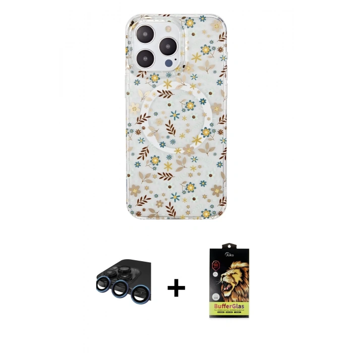 MARSİLYAN™- iPhone 15 Pro Kılıf Pusula Form - Siyah Buffer Cam Ekran Koruyucu + Raze Metal Kamera Lens - LT