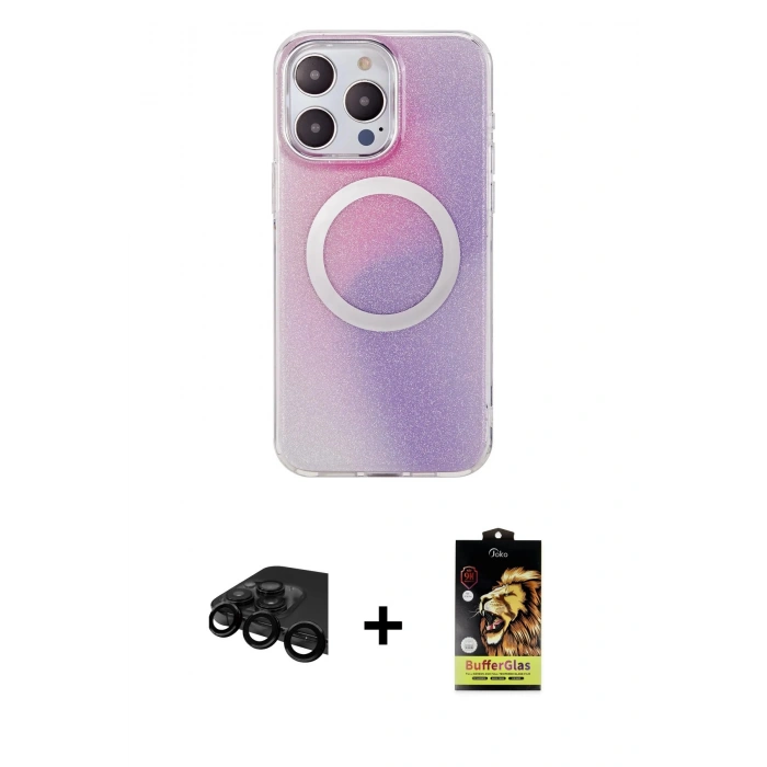 MARSİLYAN™- iPhone 15 Pro Kılıf Pusula Form - Siyah Buffer Cam Ekran Koruyucu + Raze Metal Kamera Lens - SH