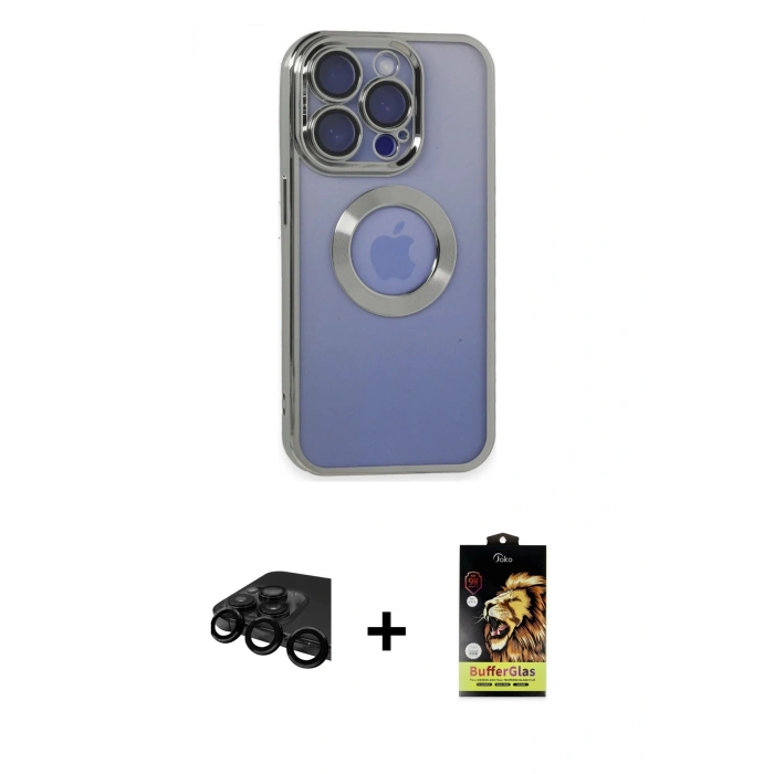 MARSİLYAN™- iPhone 15 Pro Kılıf Pusula Form - Siyah Buffer Cam Ekran Koruyucu + Raze Metal Kamera Lens - SH