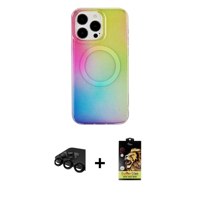 MARSİLYAN™- iPhone 15 Pro Kılıf Pusula Form - Siyah Buffer Cam Ekran Koruyucu + Raze Metal Kamera Lens - SH