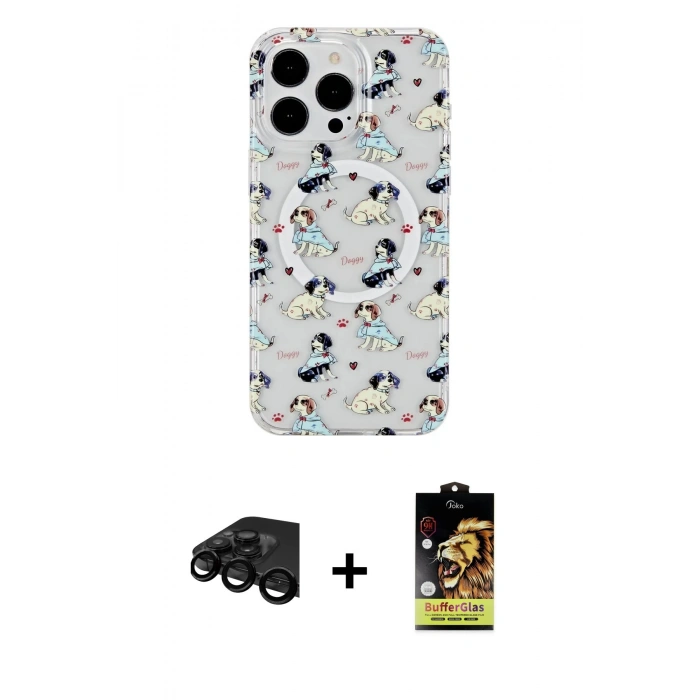 MARSİLYAN™- iPhone 15 Pro Kılıf Pusula Form - Siyah Buffer Cam Ekran Koruyucu + Raze Metal Kamera Lens - SH