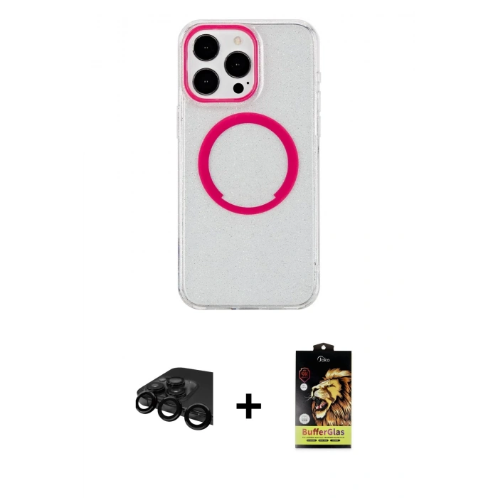MARSİLYAN™- iPhone 15 Pro Kılıf Pusula Form - Siyah Buffer Cam Ekran Koruyucu + Raze Metal Kamera Lens - SH