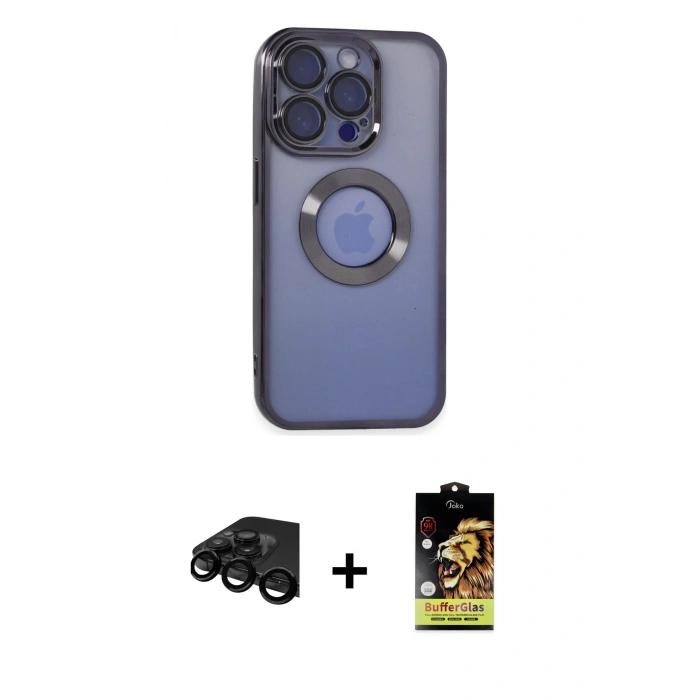MARSİLYAN™- iPhone 15 Pro Kılıf Pusula Form - Siyah Buffer Cam Ekran Koruyucu + Raze Metal Kamera Lens - SH
