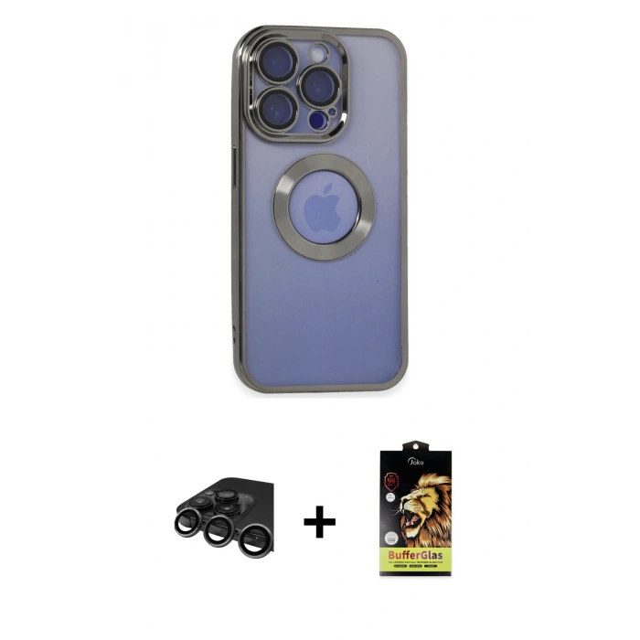 MARSİLYAN™- iPhone 15 Pro Kılıf Pusula Form - Siyah Buffer Cam Ekran Koruyucu + Raze Metal Kamera Lens - TMGI
