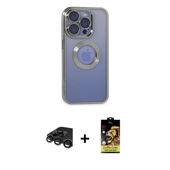 MARSİLYAN™- iPhone 15 Pro Kılıf Pusula Form - Siyah Buffer Cam Ekran Koruyucu + Raze Metal Kamera Lens - TMGI