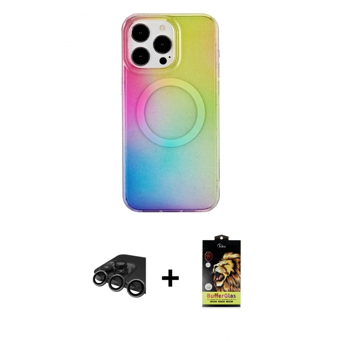MARSİLYAN™- iPhone 15 Pro Kılıf Pusula Form - Siyah Buffer Cam Ekran Koruyucu + Raze Metal Kamera Lens - TMGI