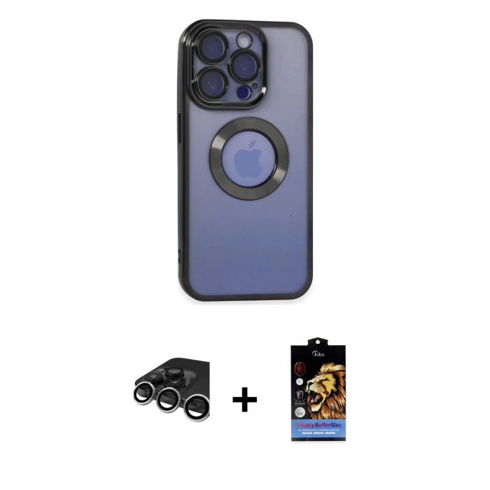 MARSİLYAN™- iPhone 15 Pro Kılıf Pusula Form - Siyah Buffer Hayalet Cam Ekran Koruyucu + Gümüş Raze Metal Kamera Lens