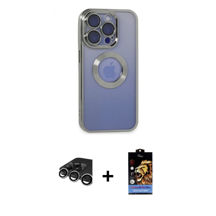 MARSİLYAN™- iPhone 15 Pro Kılıf Pusula Form - Siyah Buffer Hayalet Cam Ekran Koruyucu + Gümüş Raze Metal Kamera Lens