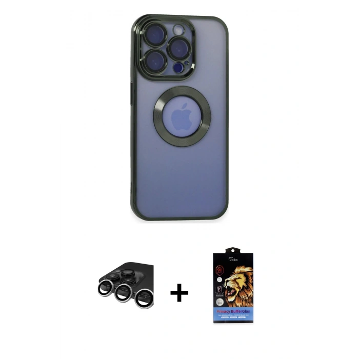 MARSİLYAN™- iPhone 15 Pro Kılıf Pusula Form - Siyah Buffer Hayalet Cam Ekran Koruyucu + Gümüş Raze Metal Kamera Lens