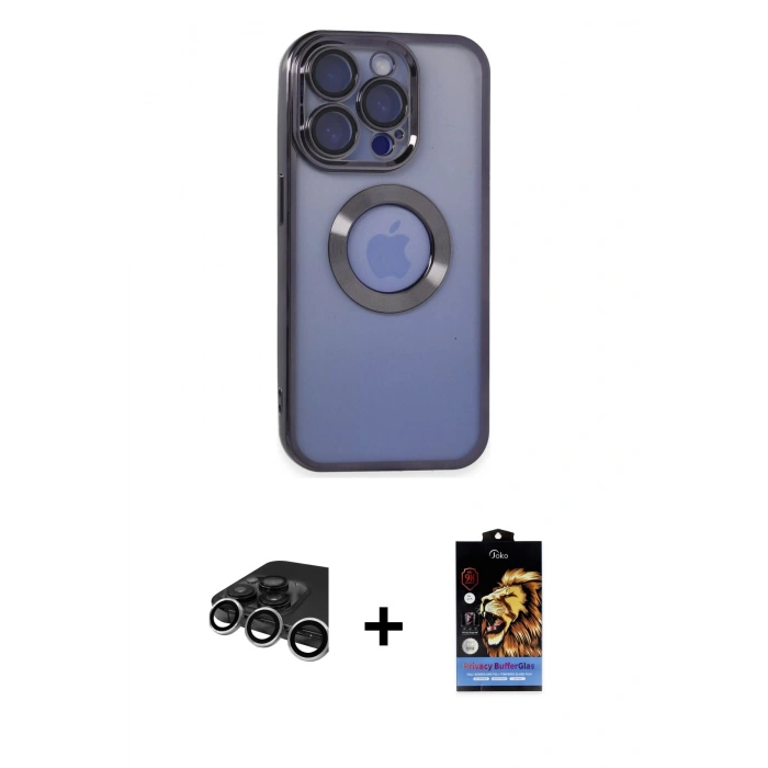 MARSİLYAN™- iPhone 15 Pro Kılıf Pusula Form - Siyah Buffer Hayalet Cam Ekran Koruyucu + Gümüş Raze Metal Kamera Lens