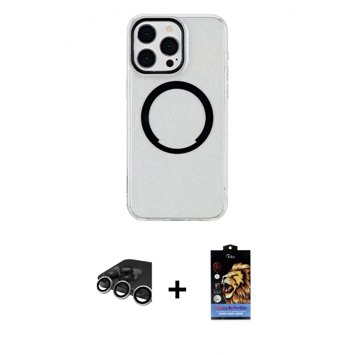 MARSİLYAN™- iPhone 15 Pro Kılıf Pusula Form - Siyah Buffer Hayalet Cam Ekran Koruyucu + Raze Metal Kamera Lens - GS