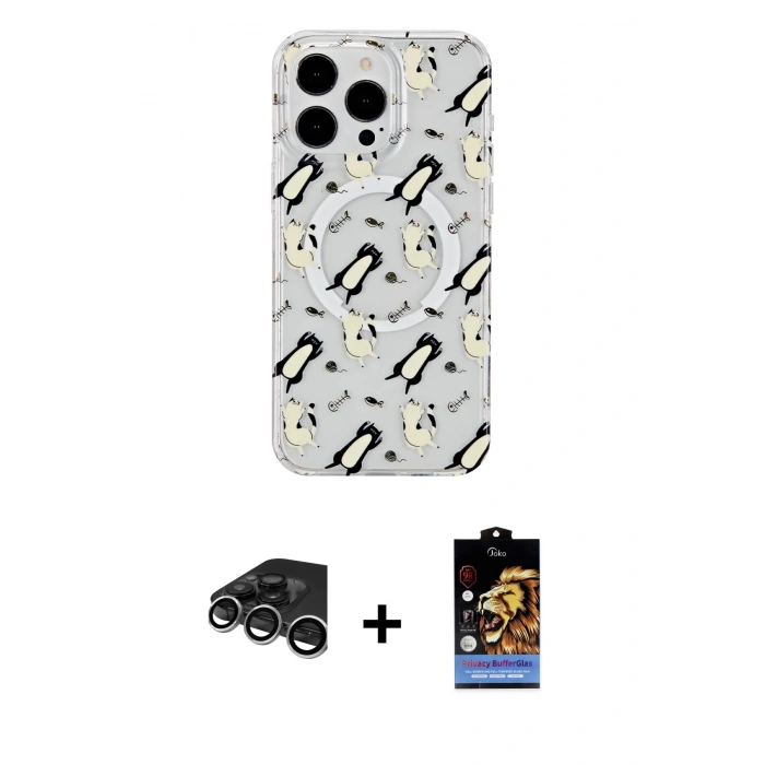 MARSİLYAN™- iPhone 15 Pro Kılıf Pusula Form - Siyah Buffer Hayalet Cam Ekran Koruyucu + Raze Metal Kamera Lens - GS