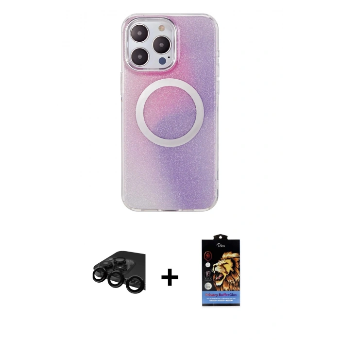 MARSİLYAN™- iPhone 15 Pro Kılıf Pusula Form - Siyah Buffer Hayalet Cam Ekran Koruyucu + Raze Metal Kamera Lens - SH
