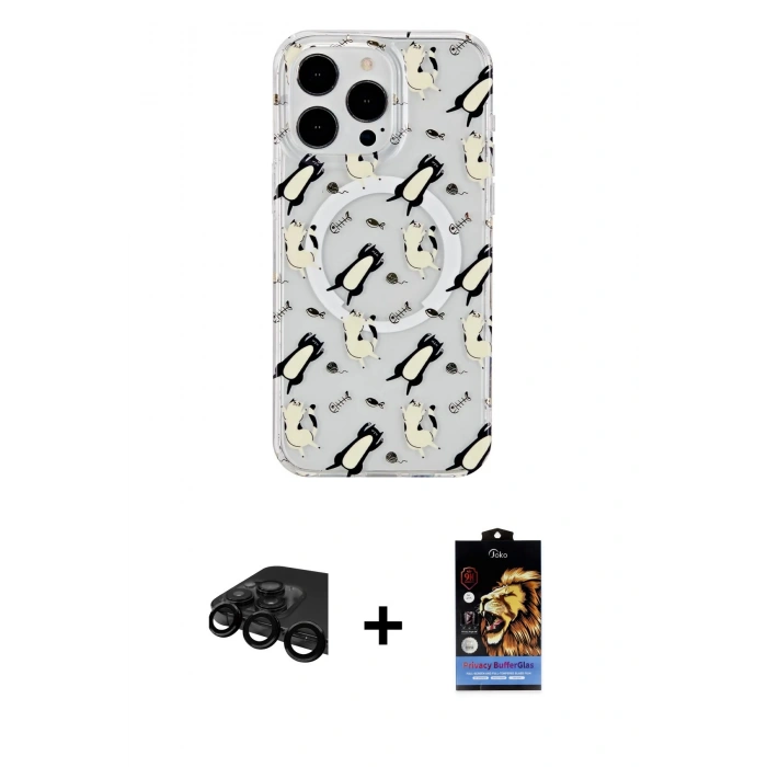 MARSİLYAN™- iPhone 15 Pro Kılıf Pusula Form - Siyah Buffer Hayalet Cam Ekran Koruyucu + Raze Metal Kamera Lens - SH