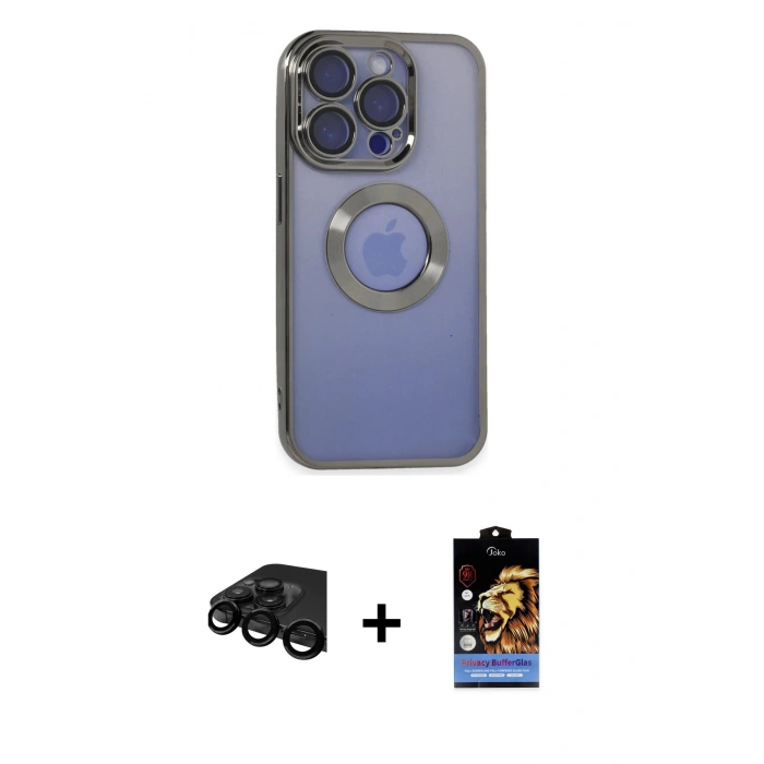 MARSİLYAN™- iPhone 15 Pro Kılıf Pusula Form - Siyah Buffer Hayalet Cam Ekran Koruyucu + Siyah Raze Metal Kamera Lens