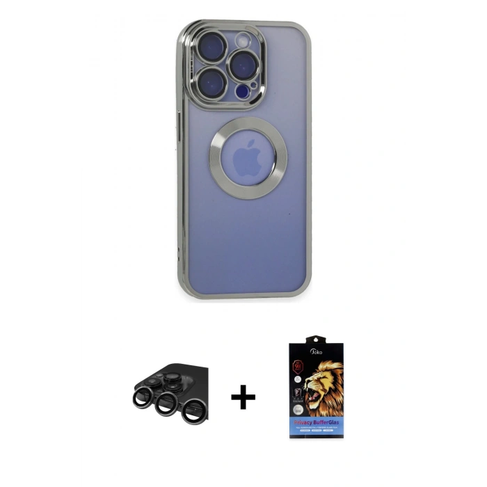 MARSİLYAN™- iPhone 15 Pro Kılıf Pusula Form - Siyah Buffer Hayalet Cam Ekran Koruyucu + Titanyum Gri Raze Metal Kamera Lens