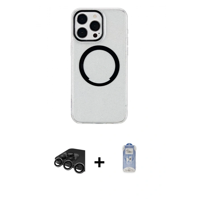 MARSİLYAN™- iPhone 15 Pro Kılıf Pusula Form - Siyah Joko Magic 5D Cam + Raze Metal Kamera Lens - TMGI