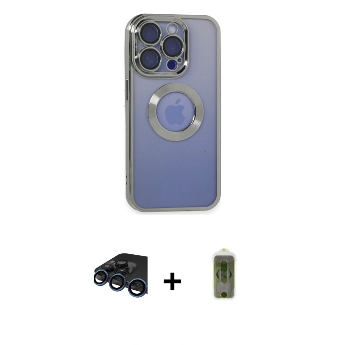 MARSİLYAN™- iPhone 15 Pro Kılıf Pusula Form - Siyah Joko Magic 5D Hayalet Cam + Lacivert Raze Metal Kamera Lens