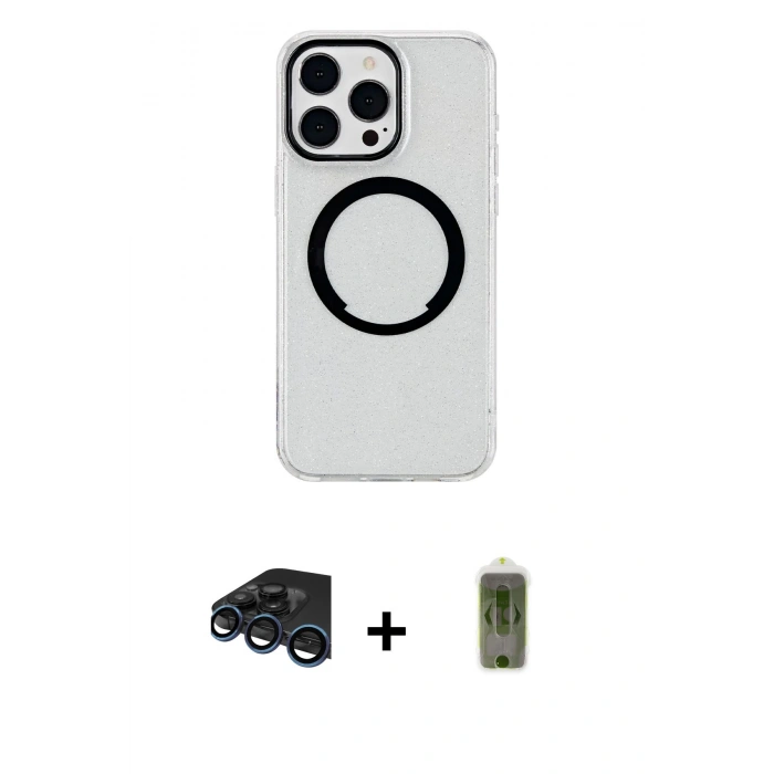 MARSİLYAN™- iPhone 15 Pro Kılıf Pusula Form - Siyah Joko Magic 5D Hayalet Cam + Raze Metal Kamera Lens - LT
