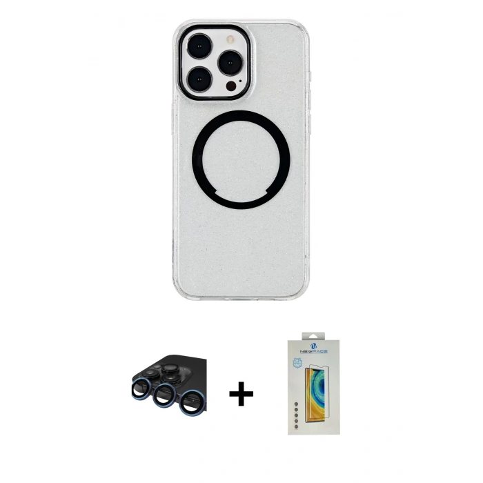 MARSİLYAN™- iPhone 15 Pro Kılıf Pusula Form - Siyah Polymer Nano Ekran Koruyucu + Lacivert Raze Metal Kamera Lens