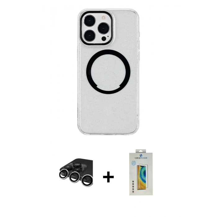MARSİLYAN™- iPhone 15 Pro Kılıf Pusula Form - Siyah Polymer Nano Ekran Koruyucu + Raze Metal Kamera Lens - GS