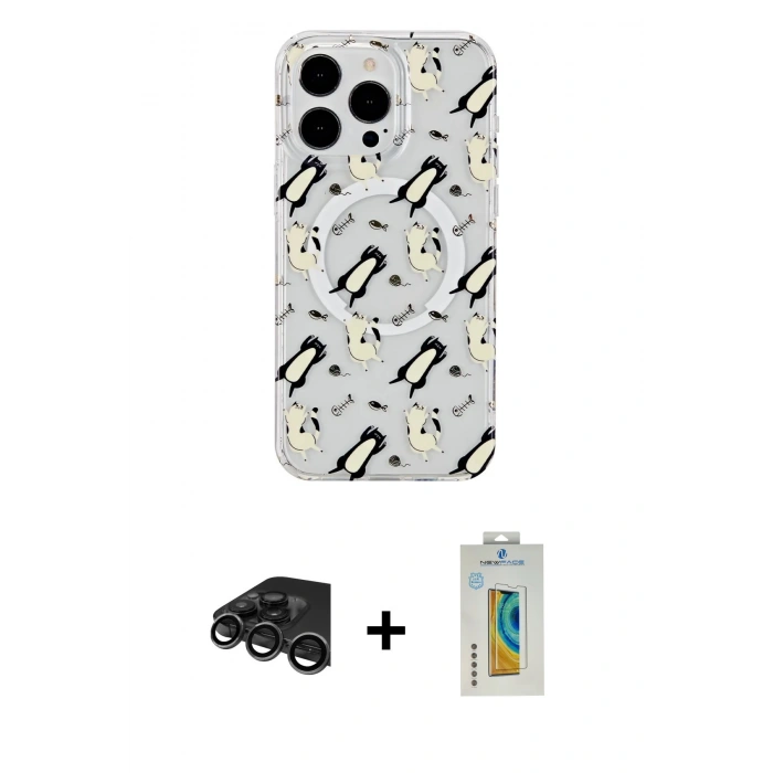 MARSİLYAN™- iPhone 15 Pro Kılıf Pusula Form - Siyah Polymer Nano Ekran Koruyucu + Raze Metal Kamera Lens - TMGI